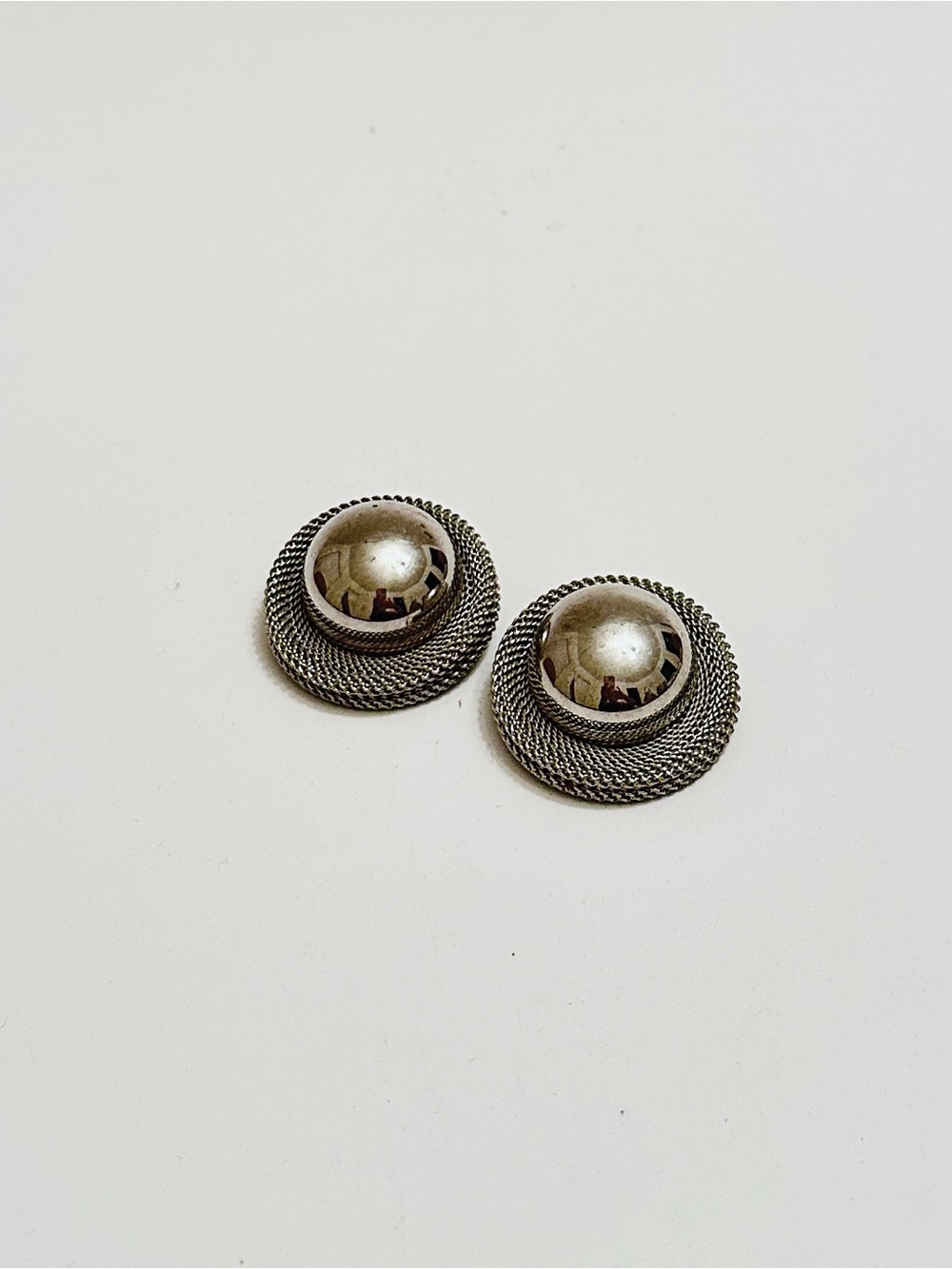 Vintage Large Dome Button Earrings Textured Mesh Border